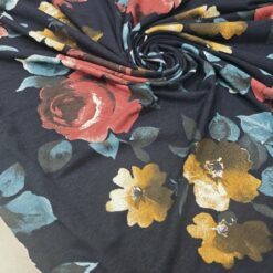 Dunkelblauer Viskosejersey - rote Rosen